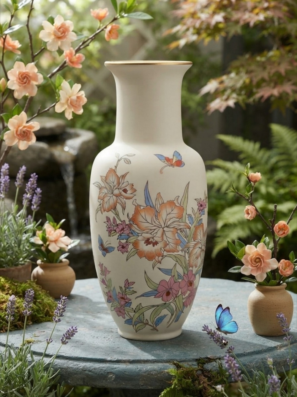 ​Vintage White Ceramic Floral Vase Gold Trim Butterfly Decor 12" Tall